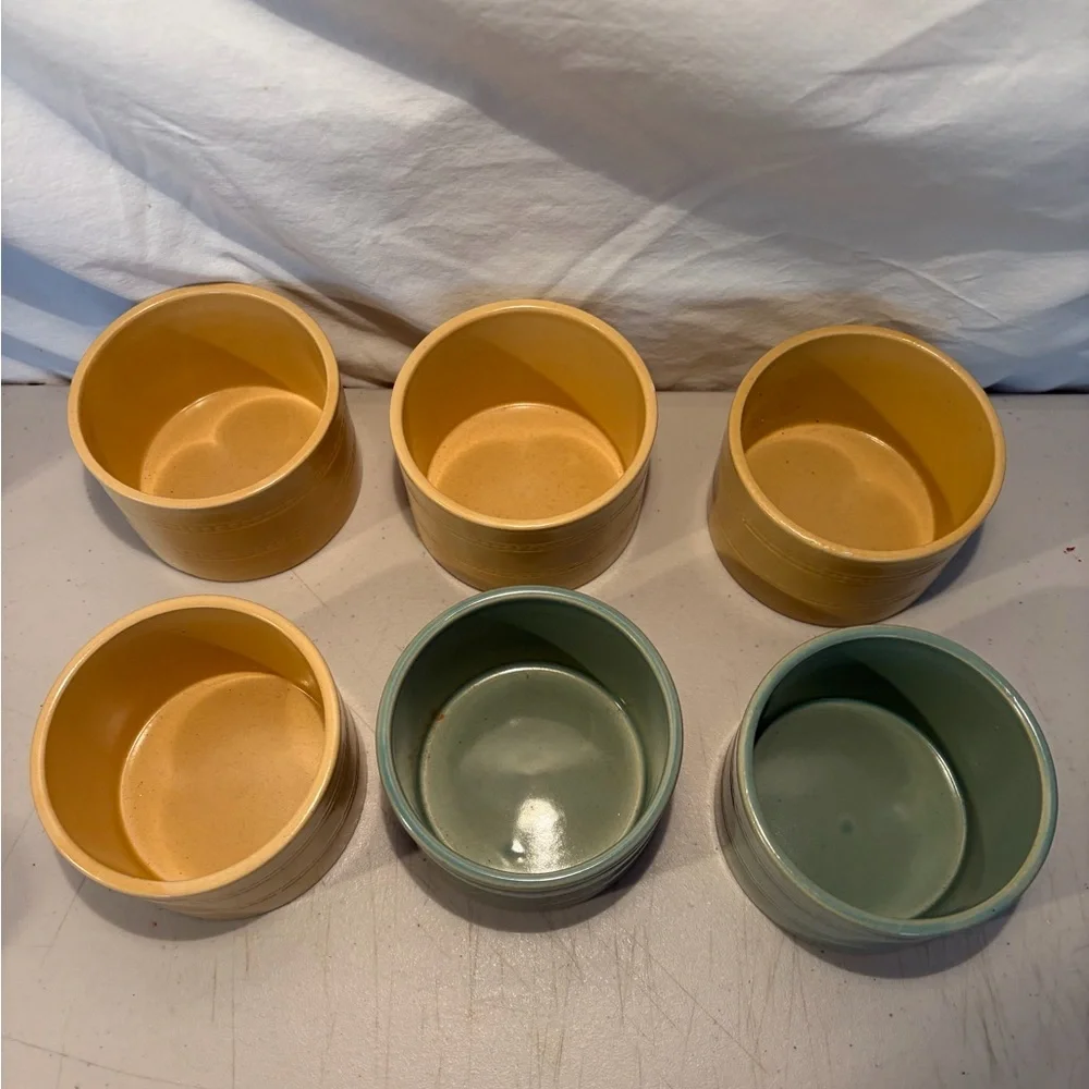 Vintage yellow ware,over and back Ramekins/crocks Sage Green & Warm mustard